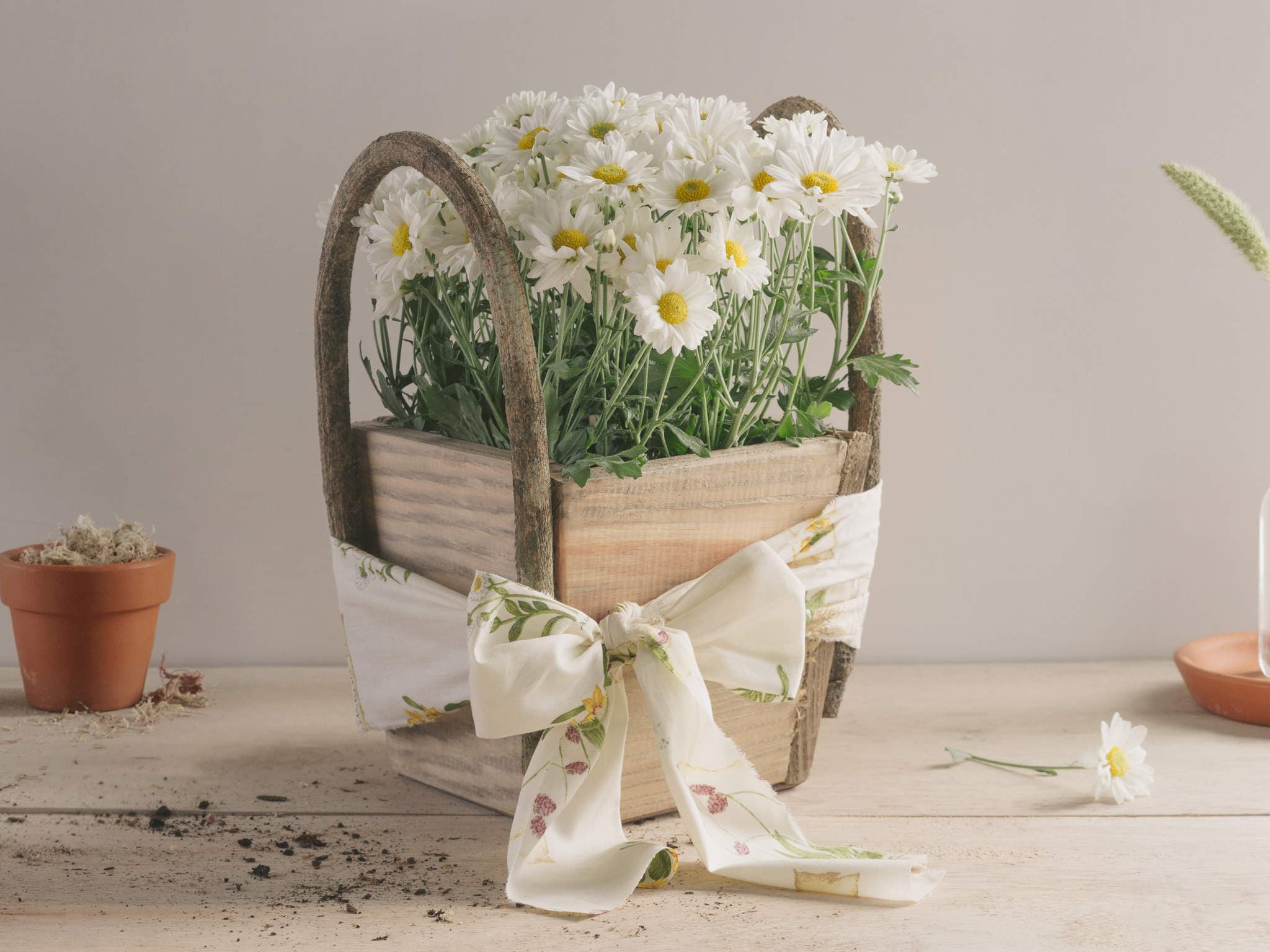 Arranjo de Margaridas Brancas em Vaso Rústico de Madeira — Arranjo de Margaridas Brancas em Vaso Rústico de Madeira
